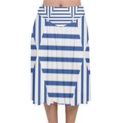 Geometric Shapes Stripes Blue Velvet Flared Midi Skirt