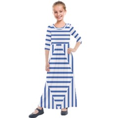 Geometric Shapes Stripes Blue Kids  Quarter Sleeve Maxi Dress