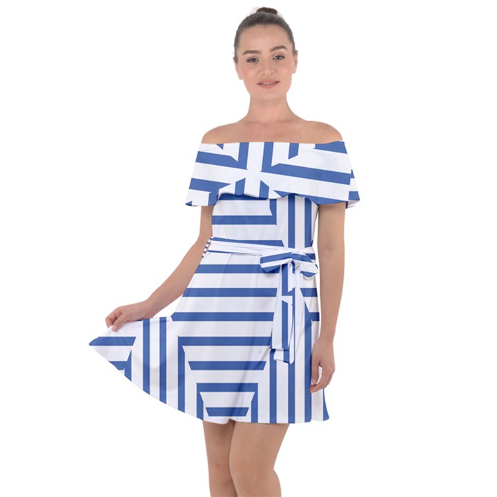 Geometric Shapes Stripes Blue Off Shoulder Velour Dress