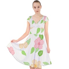 Flowers Leaf Stripe Pattern Cap Sleeve Front Wrap Midi Dress