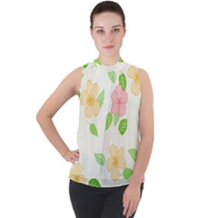 Flowers Leaf Stripe Pattern Mock Neck Chiffon Sleeveless Top