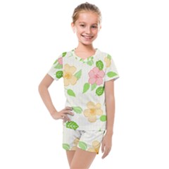 Flowers Leaf Stripe Pattern Kids  Mesh Tee And Shorts Set