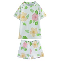 Flowers Leaf Stripe Pattern Kids  Swim Tee And Shorts Set by Mariart