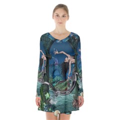 Wonderful Mermaid In The Deep Ocean Long Sleeve Velvet V-neck Dress by FantasyWorld7