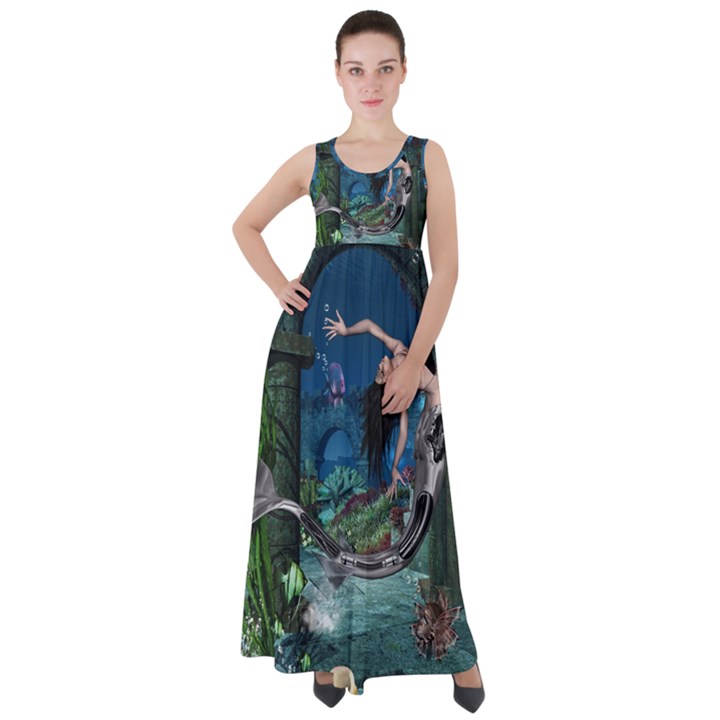 Wonderful Mermaid In The Deep Ocean Empire Waist Velour Maxi Dress