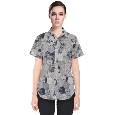 Grayscale Tiles Women s Short Sleeve Shirt by WensdaiAmbrose