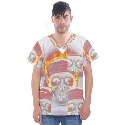 Fire Red Skull Men s V-neck Scrub Top by Mariart