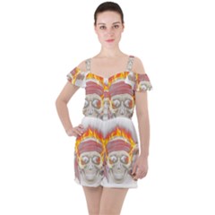 Fire Red Skull Ruffle Cut Out Chiffon Playsuit