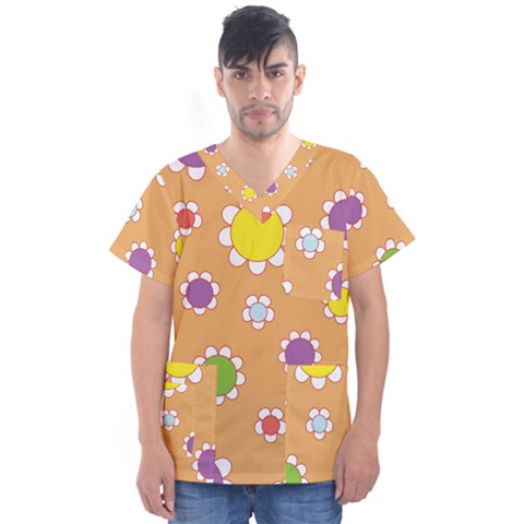 Floral Flowers Retro Men s V-neck Scrub Top by Mariart