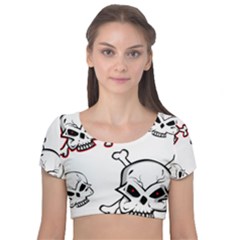 Illustration Vector Skull Velvet Short Sleeve Crop Top 