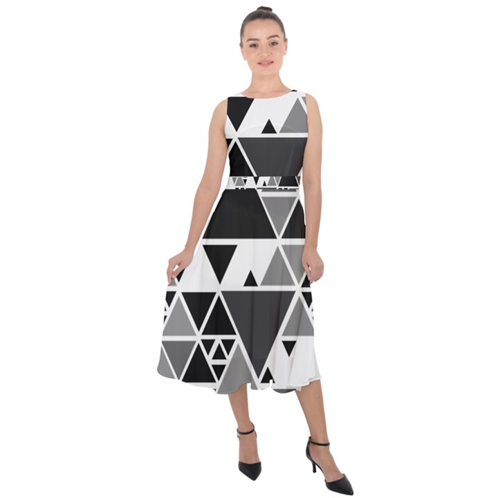 Gray Triangle Puzzle Midi Tie-Back Chiffon Dress