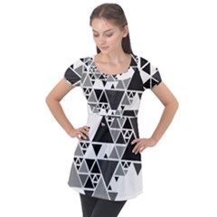 Gray Triangle Puzzle Puff Sleeve Tunic Top by Mariart