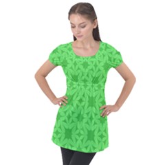 Green Magenta Wallpaper Seamless Pattern Puff Sleeve Tunic Top