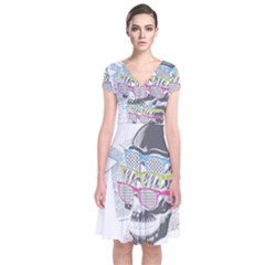 Illustration Skull Rainbow Short Sleeve Front Wrap Dress by Mariart