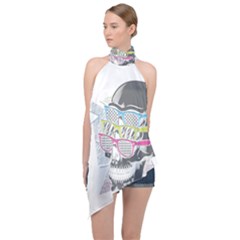 Illustration Skull Rainbow Halter Asymmetric Satin Top