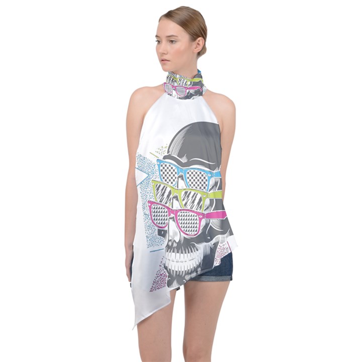 Illustration Skull Rainbow Halter Asymmetric Satin Top