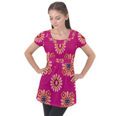 Morroco Tile Traditional Puff Sleeve Tunic Top