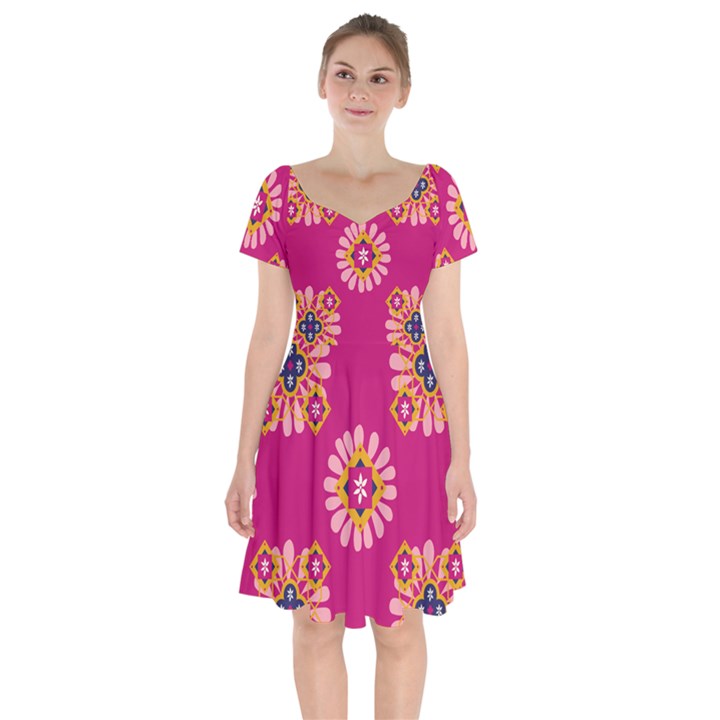 Morroco Tile Traditional Short Sleeve Bardot Dress