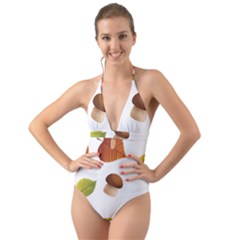 Leaves Mushrooms Halter Cut-out One Piece Swimsuit