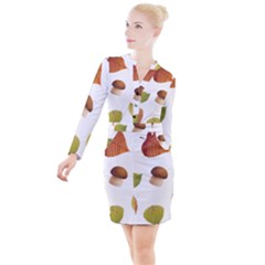 Leaves Mushrooms Button Long Sleeve Dress