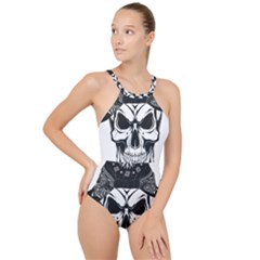 Kerchief Human Skull High Neck One Piece Swimsuit