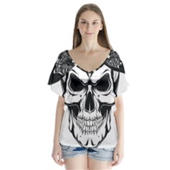 Kerchief Human Skull V-neck Flutter Sleeve Top by Mariart