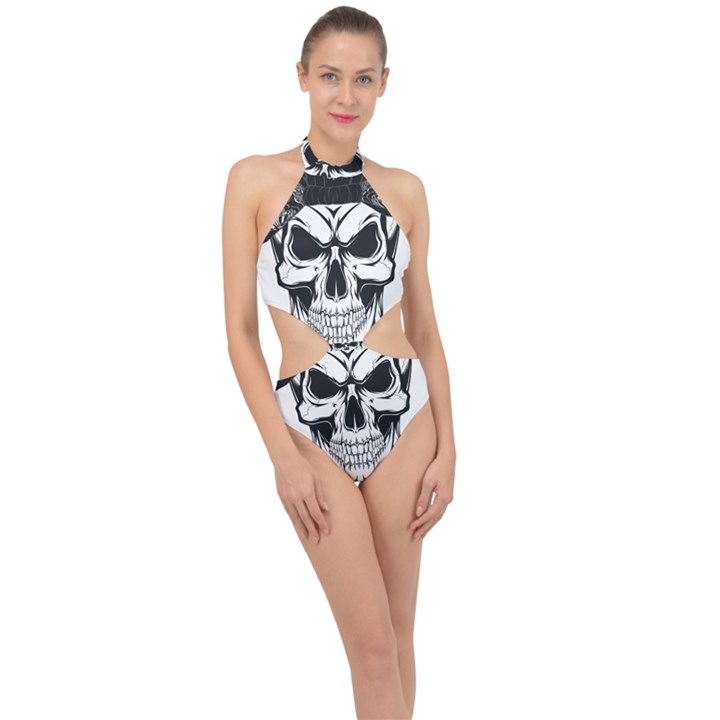 Kerchief Human Skull Halter Side Cut Swimsuit