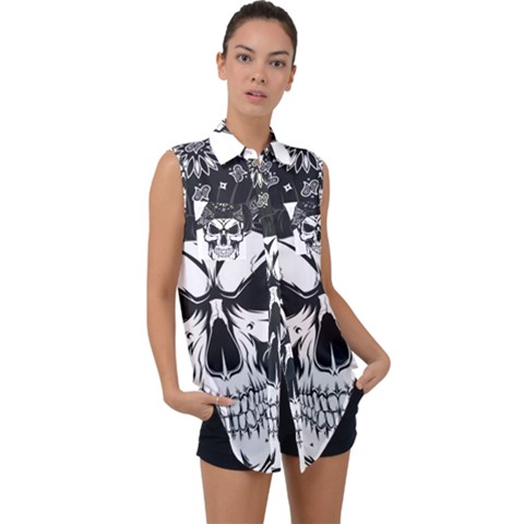 Kerchief Human Skull Sleeveless Chiffon Button Shirt by Mariart