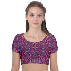 Kaleidoscope Triangle Pattern Velvet Short Sleeve Crop Top  by Mariart