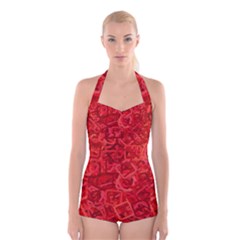 Red Pattern Technology Background Boyleg Halter Swimsuit  by Mariart