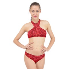 Red Pattern Technology Background High Neck Bikini Set