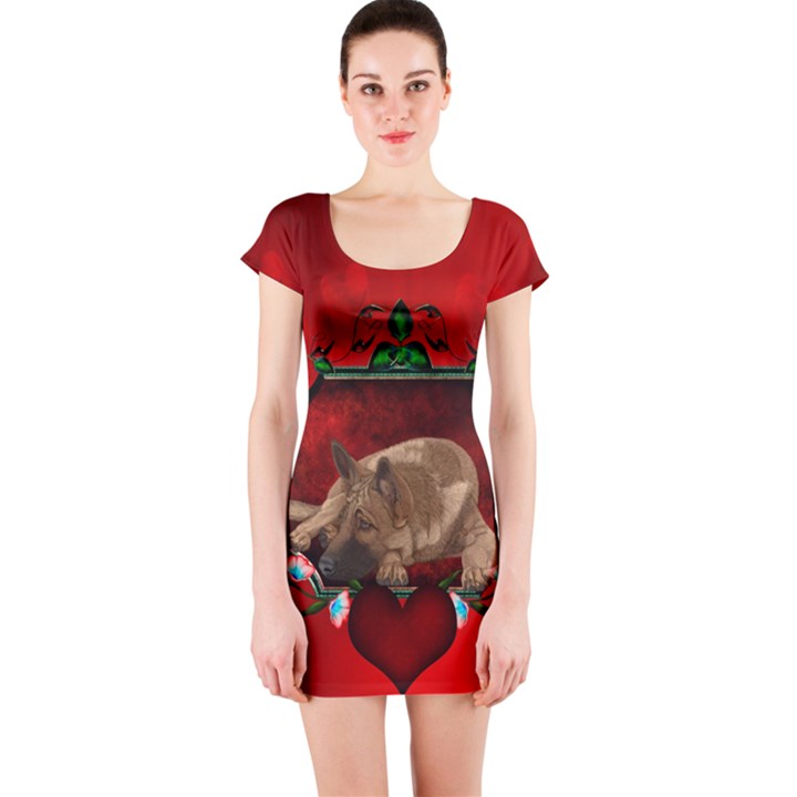 Wonderful German Shepherd With Heart And Flowers Short Sleeve Bodycon Dress