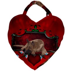 Wonderful German Shepherd With Heart And Flowers Giant Heart Shaped Tote by FantasyWorld7