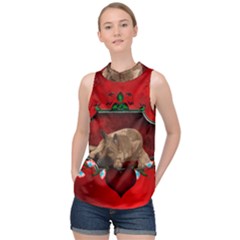 Wonderful German Shepherd With Heart And Flowers High Neck Satin Top