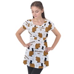 Groundhog Day Pattern Puff Sleeve Tunic Top