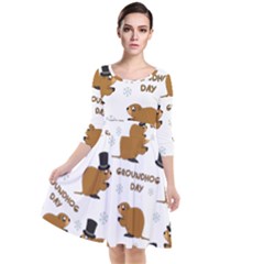 Groundhog Day Pattern Quarter Sleeve Waist Band Dress