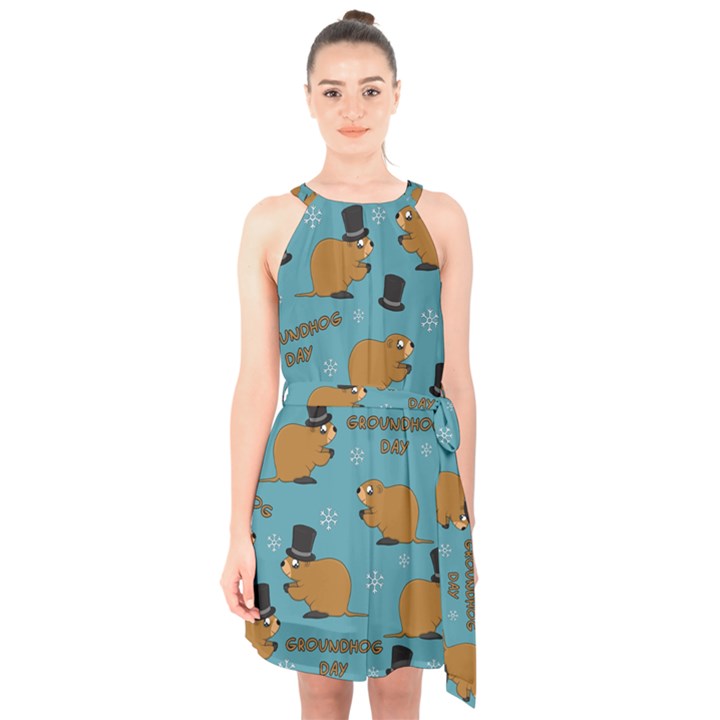 Groundhog day pattern Halter Collar Waist Tie Chiffon Dress