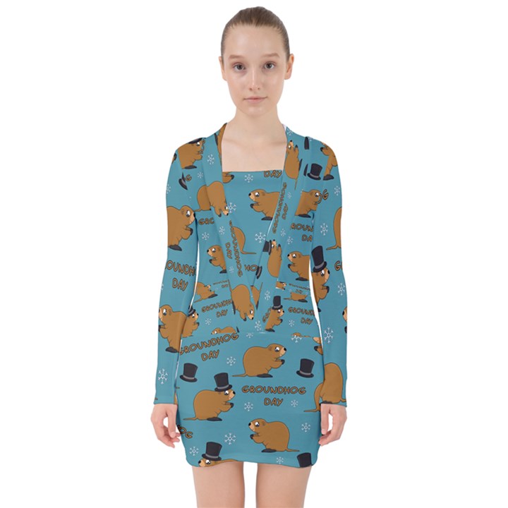 Groundhog day pattern V-neck Bodycon Long Sleeve Dress