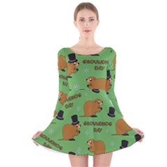 Groundhog Day Pattern Long Sleeve Velvet Skater Dress