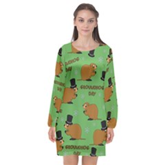 Groundhog Day Pattern Long Sleeve Chiffon Shift Dress 