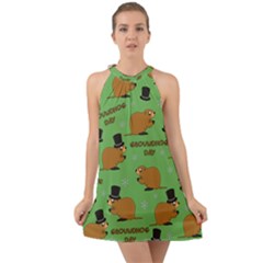 Groundhog Day Pattern Halter Tie Back Chiffon Dress