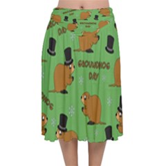 Groundhog Day Pattern Velvet Flared Midi Skirt