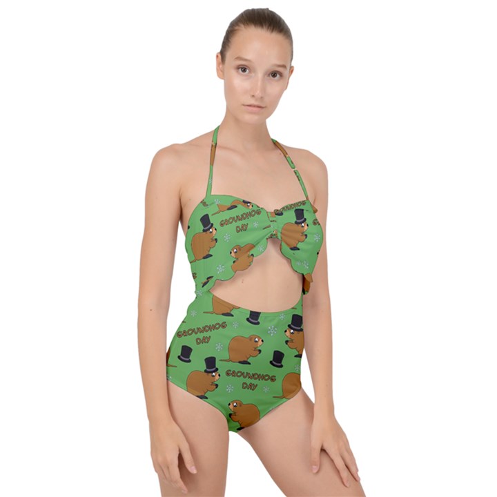 Groundhog day pattern Scallop Top Cut Out Swimsuit