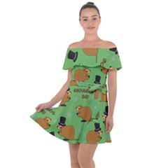 Groundhog Day Pattern Off Shoulder Velour Dress