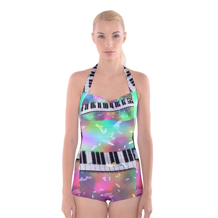 Piano Keys Music Colorful Boyleg Halter Swimsuit 