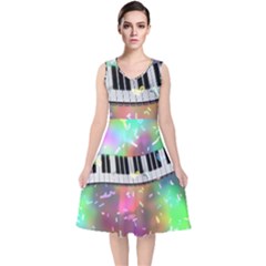 Piano Keys Music Colorful V-neck Midi Sleeveless Dress 