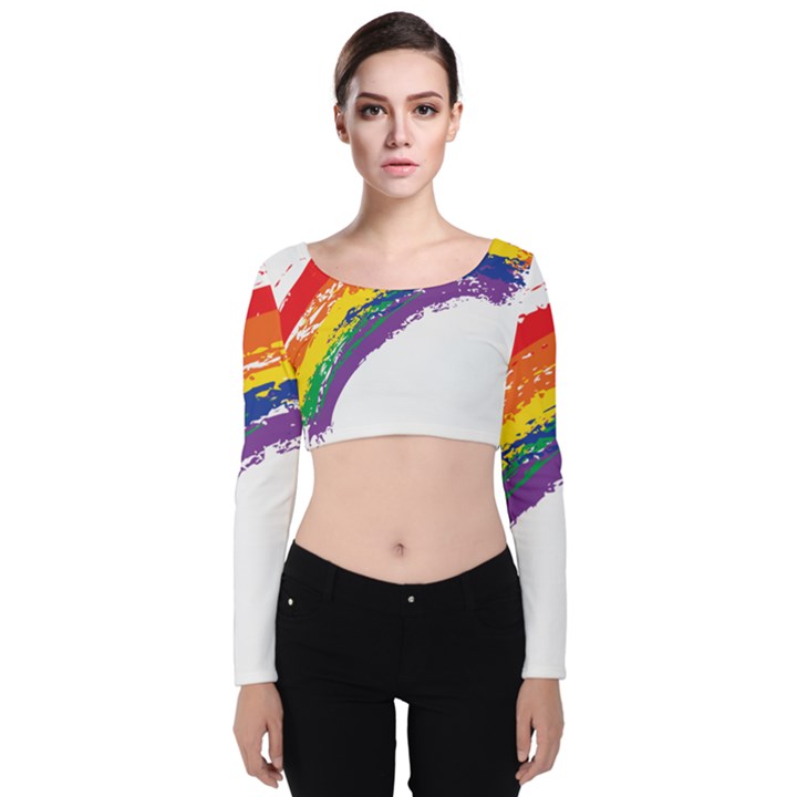 Watercolor Painting Rainbow Velvet Long Sleeve Crop Top