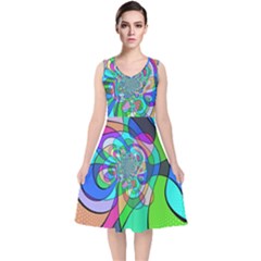 Retro Wave Background Pattern V-neck Midi Sleeveless Dress 