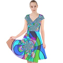 Retro Wave Background Pattern Cap Sleeve Front Wrap Midi Dress