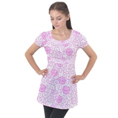 Peony Spring Flowers Puff Sleeve Tunic Top